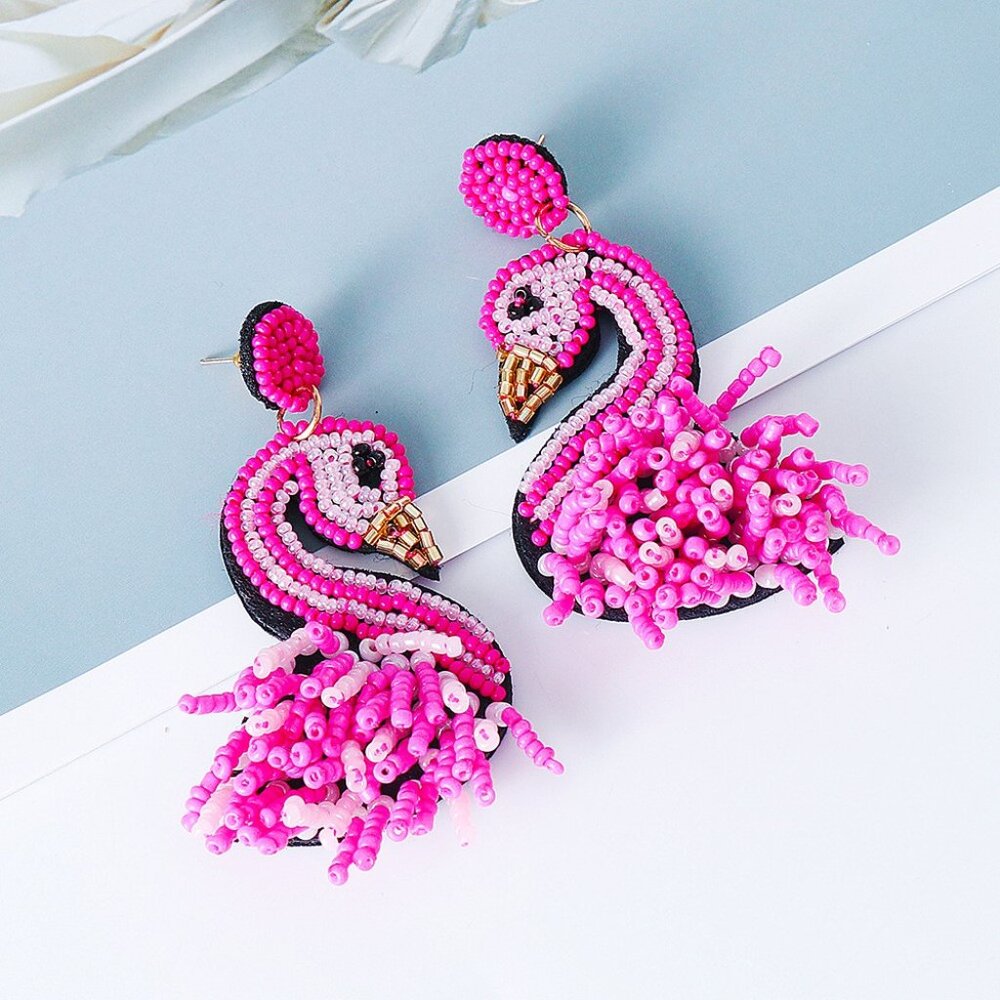 Pink Flamingo Seed Beaded Resort Style Earrings NEW
